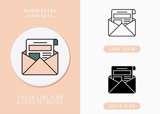 Newsletter icons set vector illustration with solid icon line style. Message and mail concept. Editable stroke icon on isolated background for web design, infographic and UI mobile app.
