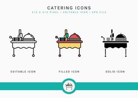 Catering icons set vector illustration with solid icon line style. Restaurant food stroller concept. Editable stroke icon on isolated background for web design, infographic and UI mobile app.