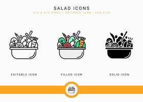 iconos de ensalada establecer ilustración vectorial con estilo de línea de icono sólido. concepto de comida de dieta saludable. icono de trazo editable sobre fondo blanco aislado para diseño web, interfaz de usuario y aplicación móvil vector