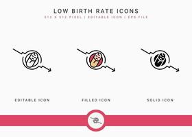 Low birth rate icons set vector illustration with solid icon line style. Loss birthrate population concept. Editable stroke icon on isolated background for web design, infographic and UI mobile app.