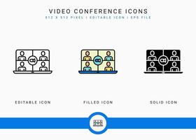 Video Conference icons set vector illustration with solid icon line style. Online communication concept. Editable stroke icon on isolated background for web design, user interface, and mobile app