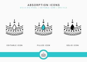 Absorption icons set vector illustration with solid icon line style. Drop water emulsion concept. Editable stroke icon on isolated background for web design, infographic and UI mobile app.