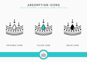 Absorption icons set vector illustration with solid icon line style. Drop water emulsion concept. Editable stroke icon on isolated background for web design, infographic and UI mobile app.