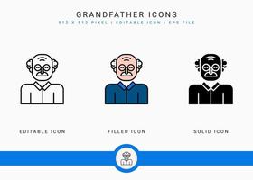 Grandfather icons set vector illustration with solid icon line style. Old people man symbol. Editable stroke icon on isolated background for web design, user interface, and mobile app