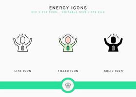 Energy icons set vector illustration with solid icon line style. Mind Meditating concept. Editable stroke icon on isolated background for web design, user interface, and mobile app