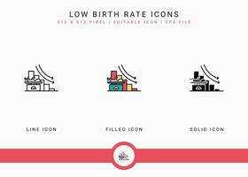 Low birth rate icons set vector illustration with solid icon line style. Loss birth rate population concept. Editable stroke icon on isolated background for web design, user interface, and mobile app