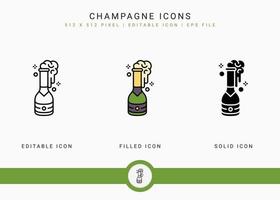 Champagne icons set vector illustration with solid icon line style. Soda bubble effervescent concept. Editable stroke icon on isolated background for web design, infographic and UI mobile app.