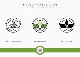 iconos biodegradables establecer ilustración vectorial con estilo de línea de icono sólido. concepto de bioplástico. icono de trazo editable en un fondo aislado para diseño web, interfaz de usuario y aplicación móvil vector
