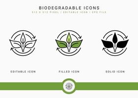 Biodegradable icons set vector illustration with solid icon line style. Bio plastic concept. Editable stroke icon on isolated background for web design, user interface, and mobile application