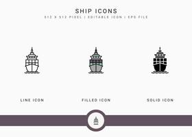 los iconos de barco establecen ilustración vectorial con estilo de línea de icono sólido. concepto de entrega logística. icono de trazo editable en un fondo aislado para diseño web, interfaz de usuario y aplicación móvil vector