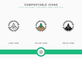 Compostable icons set vector illustration with solid icon line style. Bio degradable concept. Editable stroke icon on isolated background for web design, user interface, and mobile app