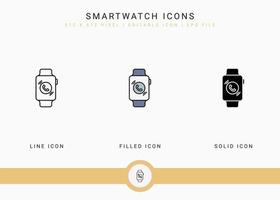 Smartwatch icons set vector illustration with solid icon line style. Electronics smart device concept. Editable stroke icon on isolated background for web design, user interface, and mobile app