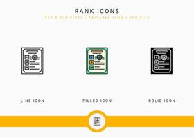 los iconos de rango establecen una ilustración vectorial con un estilo de línea de icono sólido. concepto de premio ganador. icono de trazo editable en un fondo aislado para diseño web, interfaz de usuario y aplicación móvil vector