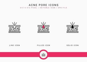 Acne pore icons set vector illustration with solid icon line style. Skin inflammation dermatology concept. Editable stroke icon on isolated background for web design, infographic and UI mobile app.