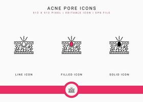 Acne pore icons set vector illustration with solid icon line style. Skin inflammation dermatology concept. Editable stroke icon on isolated background for web design, infographic and UI mobile app.