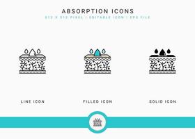 Absorption icons set vector illustration with solid icon line style. Skin moisture water concept. Editable stroke icon on isolated background for web design, user interface, and mobile application