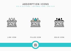 iconos de absorción establecer ilustración vectorial con estilo de línea de icono sólido. concepto de agua de humedad de la piel. icono de trazo editable en un fondo aislado para diseño web, interfaz de usuario y aplicación móvil vector