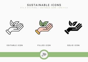 Sustainable icons set vector illustration with solid icon line style. Bio recycling leaves concept. Editable stroke icon on isolated background for web design, user interface, and mobile app