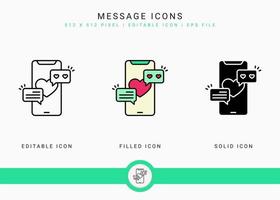 Message icons set vector illustration with solid icon line style. Wedding love romance concept. Editable stroke icon on isolated background for web design, user interface, and mobile application