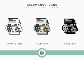 Allowance icons set vector illustration with icon line style. Pension fund plan concept. Editable stroke icon on isolated white background for web design, user interface, and mobile application