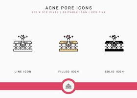 Acne pore icons set vector illustration with solid icon line style. Skin inflammation dermatology concept. Editable stroke icon on isolated background for web design, infographic and UI mobile app.