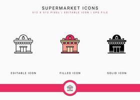 iconos de supermercado establecen ilustración vectorial con estilo de línea de icono sólido. concepto de venta minorista de tienda en línea. icono de trazo editable en un fondo aislado para diseño web, interfaz de usuario y aplicación móvil vector