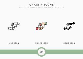 Charity icons set vector illustration with solid icon line style. Charitable give back concept. Editable stroke icon on isolated background for web design, infographic and UI mobile app.