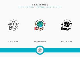 csr iconos establecer ilustración vectorial con estilo de línea de icono sólido. concepto de devolución de vida. icono de trazo editable en un fondo aislado para diseño web, interfaz de usuario y aplicación móvil vector