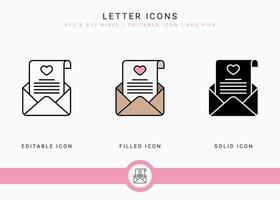 Letter icons set vector illustration with solid icon line style. Wedding love romance concept. Editable stroke icon on isolated background for web design, user interface, and mobile application
