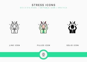 Stress icons set vector illustration with solid icon line style. Depression and pressure concept. Editable stroke icon on isolated background for web design, user interface, and mobile app