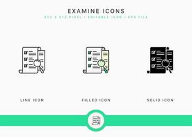 Examine icons set vector illustration with solid icon line style. Customer satisfaction check concept. Editable stroke icon on isolated background for web design, infographic and UI mobile app.