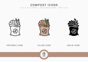 los iconos de compost establecen ilustración vectorial con estilo de línea de icono sólido. concepto biodegradable. icono de trazo editable en un fondo aislado para diseño web, interfaz de usuario y aplicación móvil vector