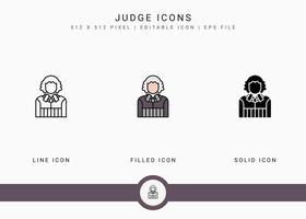 Judge icons set vector illustration with solid icon line style. Auction act concept. Editable stroke icon on isolated background for web design, user interface, and mobile application