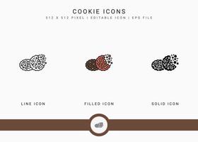 Cookie icons set vector illustration with solid icon line style. Biscuit bite concept. Editable stroke icon on isolated background for web design, user interface, and mobile app