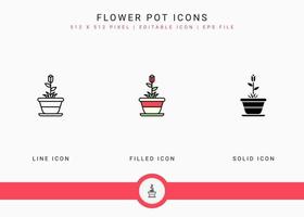 Flower Pot icons set vector illustration with solid icon line style. Plant gardening agriculture concept. Editable stroke icon on isolated background for web design, user interface, and mobile app