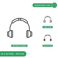 Headphone icons set vector illustration with solid icon line style. Music headset concept. Editable stroke icon on isolated background for web design, infographic and UI mobile app.