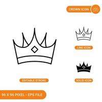 Crown icons set vector illustration with solid icon line style. Royal king crown concept. Editable stroke icon on isolated background for web design, infographic and UI mobile app.