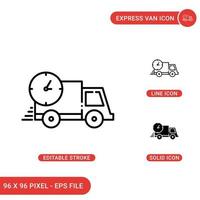 Express van icons set vector illustration with solid icon line style. Fast delivery cargo concept. Editable stroke icon on isolated background for web design, infographic and UI mobile app.