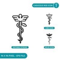 los iconos de varilla de caduceo establecen ilustración vectorial con estilo de línea de icono sólido. concepto de serpiente asclepio. icono de trazo editable en un fondo aislado para diseño web, infografía y aplicación móvil ui. vector