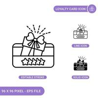 Loyalty card icons set vector illustration with solid icon line style. Gift redeem bonus concept. Editable stroke icon on isolated background for web design, infographic and UI mobile app.