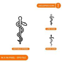 Asclepius icons set vector illustration with solid icon line style. Rod caduceus concept. Editable stroke icon on isolated background for web design, infographic and UI mobile app.