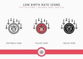 Low birth rate icons set vector illustration with solid icon line style. Loss birthrate population concept. Editable stroke icon on isolated background for web design, infographic and UI mobile app.