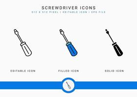 iconos de destornillador establecen ilustración vectorial con estilo de línea de icono sólido. concepto de construcción de herramientas de carpintero. icono de trazo editable en un fondo aislado para diseño web, interfaz de usuario y aplicación móvil vector