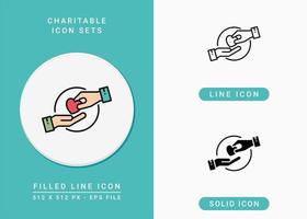 Charitable icons set vector illustration with solid icon line style. Charity love support concept. Editable stroke icon on isolated background for web design, infographic and UI mobile app.