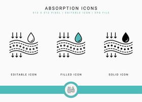 Absorption icons set vector illustration with solid icon line style. Drop water emulsion concept. Editable stroke icon on isolated background for web design, infographic and UI mobile app.