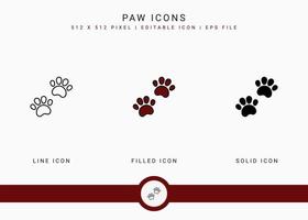 iconos de pata establecen ilustración vectorial con estilo de línea de icono sólido. concepto de símbolo de huella animal. icono de trazo editable sobre fondo blanco aislado para diseño web, interfaz de usuario y aplicación móvil vector