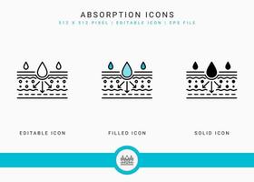 Absorption icons set vector illustration with solid icon line style. Drop water emulsion concept. Editable stroke icon on isolated background for web design, infographic and UI mobile app.