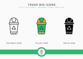 Trash bin icons set vector illustration with solid icon line style. Recycle garbage basket concept. Editable stroke icon on isolated background for web design, infographic and UI mobile app.