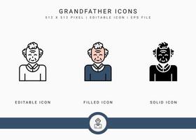 Grandfather icons set vector illustration with solid icon line style. Old people man symbol. Editable stroke icon on isolated background for web design, user interface, and mobile app