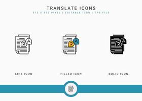 traducir iconos establecer ilustración vectorial con estilo de línea de icono sólido. concepto de publicación en lenguaje de texto. icono de trazo editable en un fondo aislado para diseño web, interfaz de usuario y aplicación móvil vector